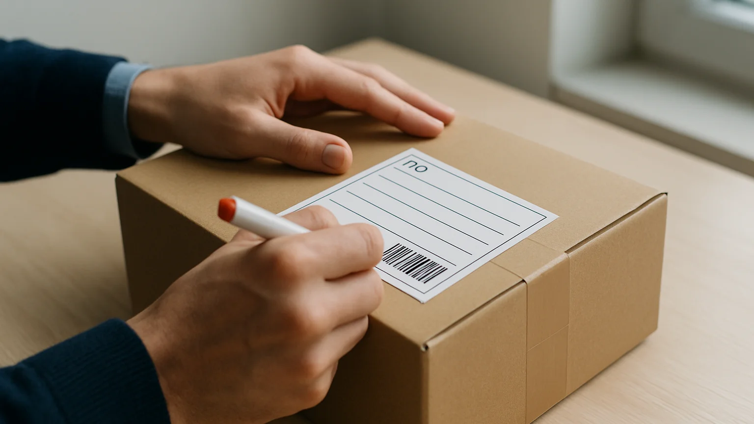 Close-up of hands labeling a plain cardboard parcel on a pale wooden table, soft natural daylight from a window, neutral