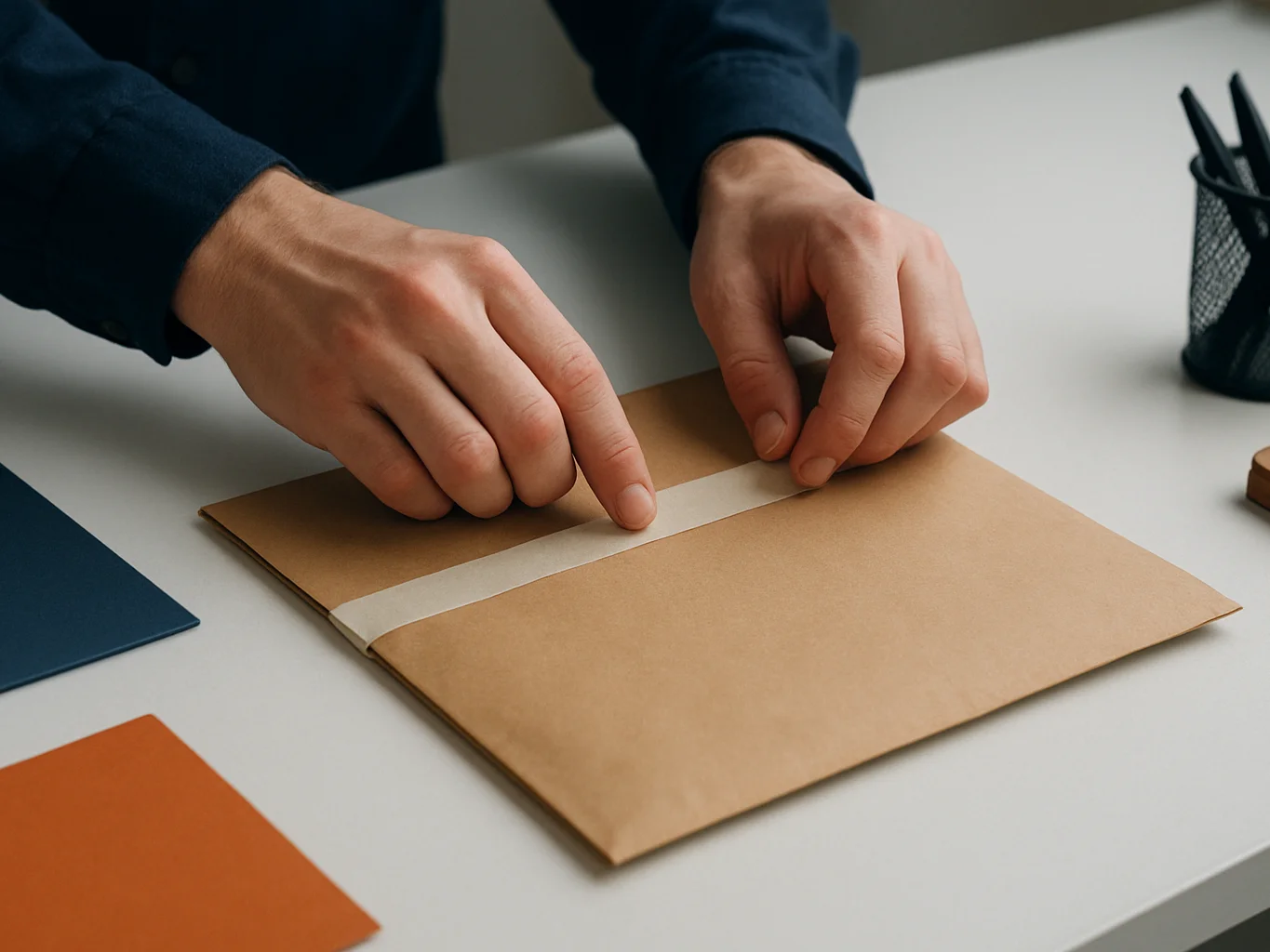 Close-up of hands sealing a document envelope with a neutral paper tape at a clean desk, soft daylight, deep navy accent