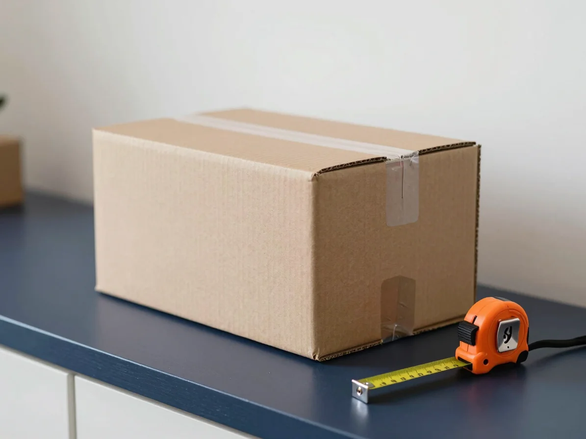 Close-up of a sturdy brown cardboard box on a navy-topped counter with a measuring tape beside it, natural daylight, cri