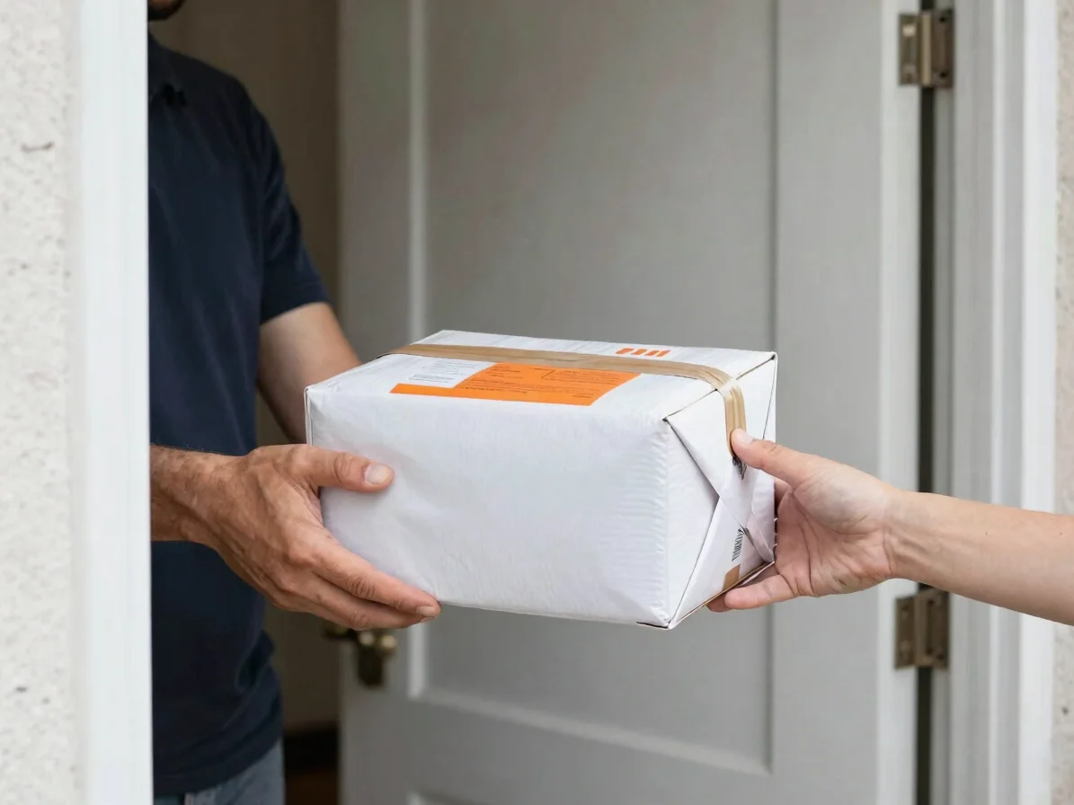 Close-up of a parcel being handed over across a doorway, hands only, soft daylight, neutral whites, restrained orange la