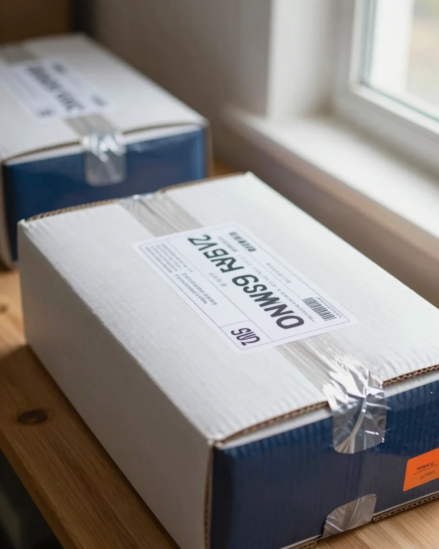 Close-up documentary photograph of unbranded cardboard parcel being sealed and labeled on a clean wooden counter, soft n